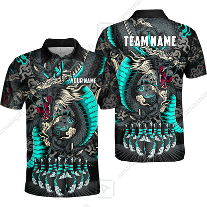 Custom Bowling Jersey Polo Shirt, Oriental Jade Dragon & Classic Clouds, Custom Bowling Jersey Team Shirt For Players With Name & Team Name