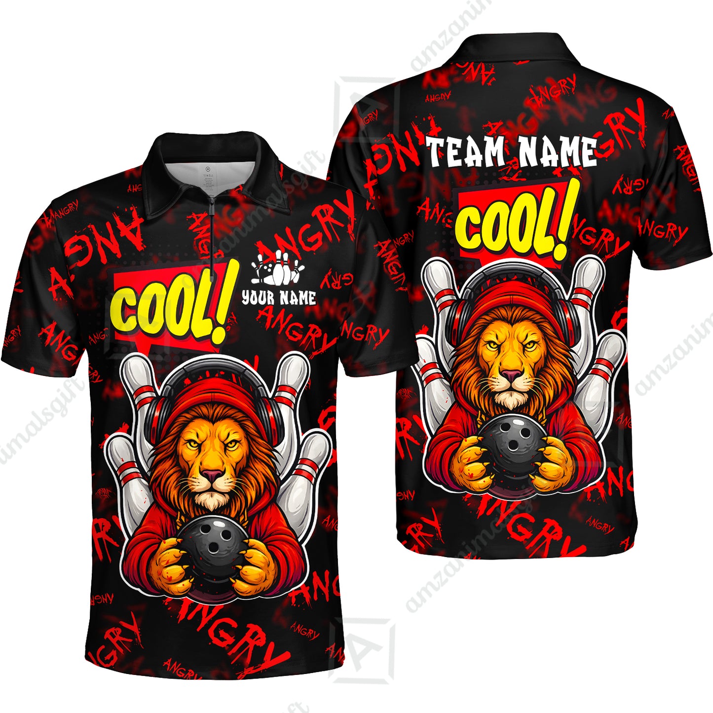 Custom Bowling Jersey Polo Shirt, Cool Lion Holding Ball, Personalize Name and Team Name