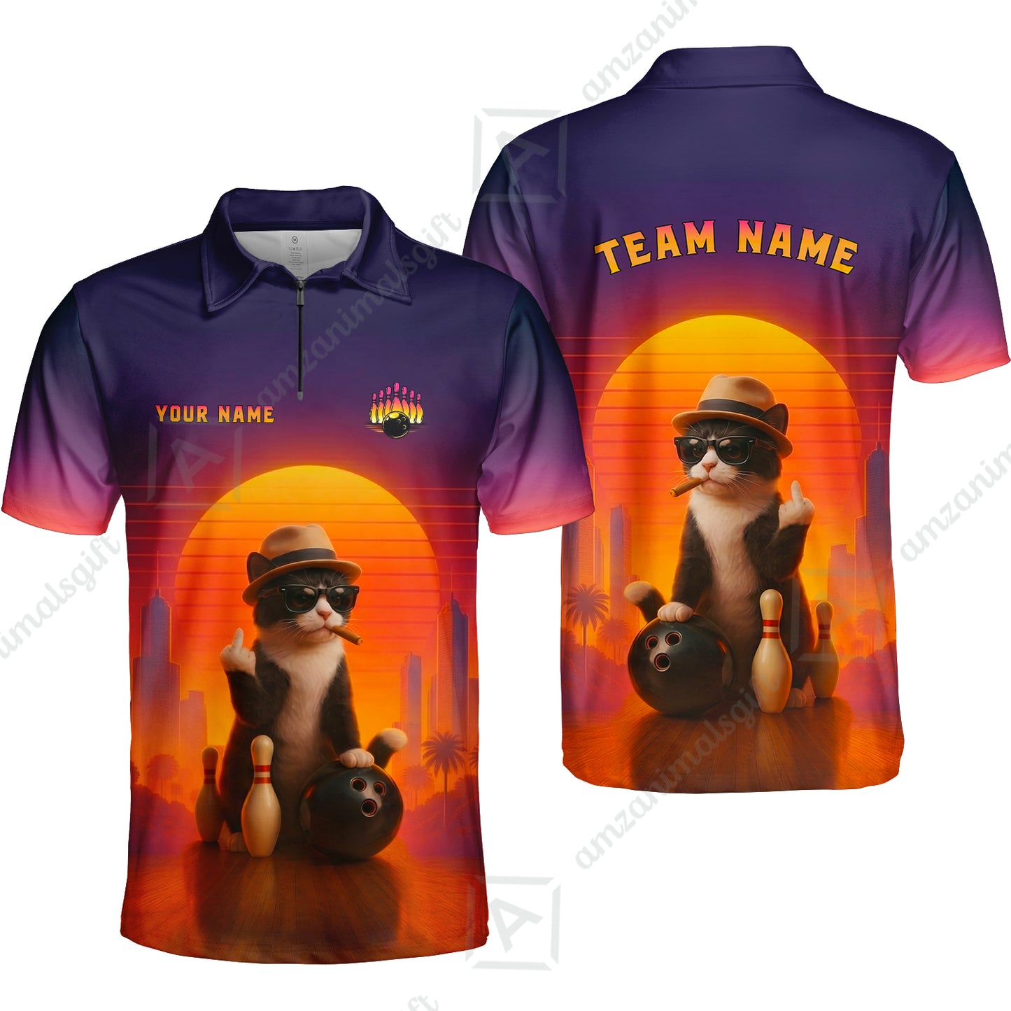 Custom Gangster Cat Bowling Jersey Polo Shirt, Custom Gangster Cat Bowling Jersey Team Shirt For Players With Name & Team Name