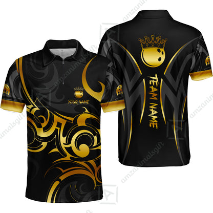 Customized Bowling Team Quarter-Zip Polo Shirt, Bowling Swirling Fire Flames Gold And Black Style Zip Polo Shirt