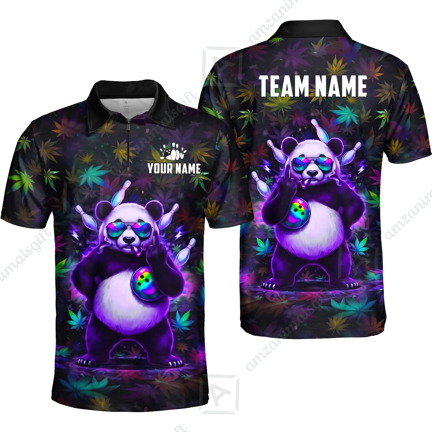 Custom Bowling Jersey Polo Shirt, Badass Stoner Panda & Psychedelic Leaves, Custom Bowling Jersey Team Shirt For Players With Name & Team Name
