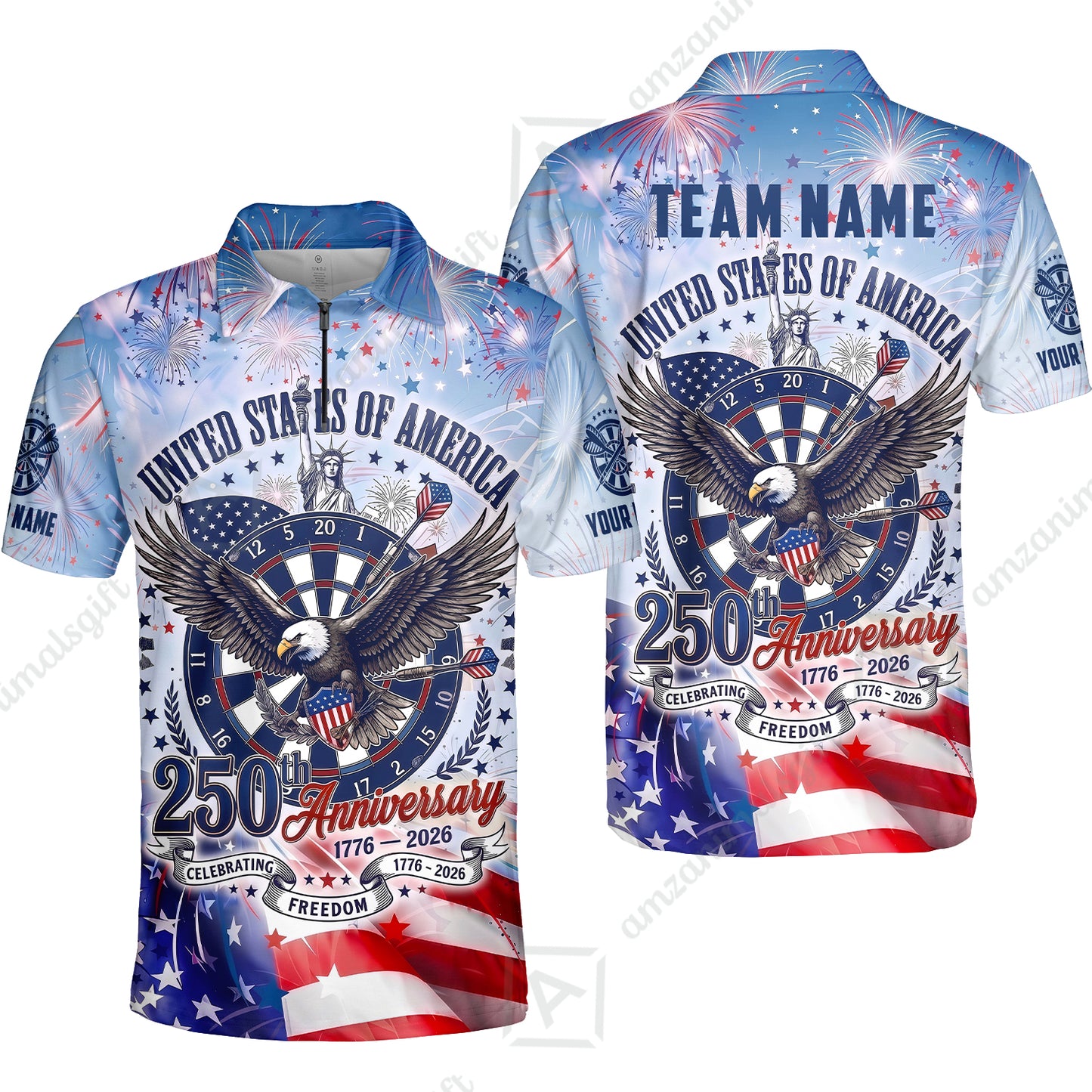 Custom Bowling Jersey Polo Shirt, 250 Years Anniversary USA, Personalize Name and Team Name