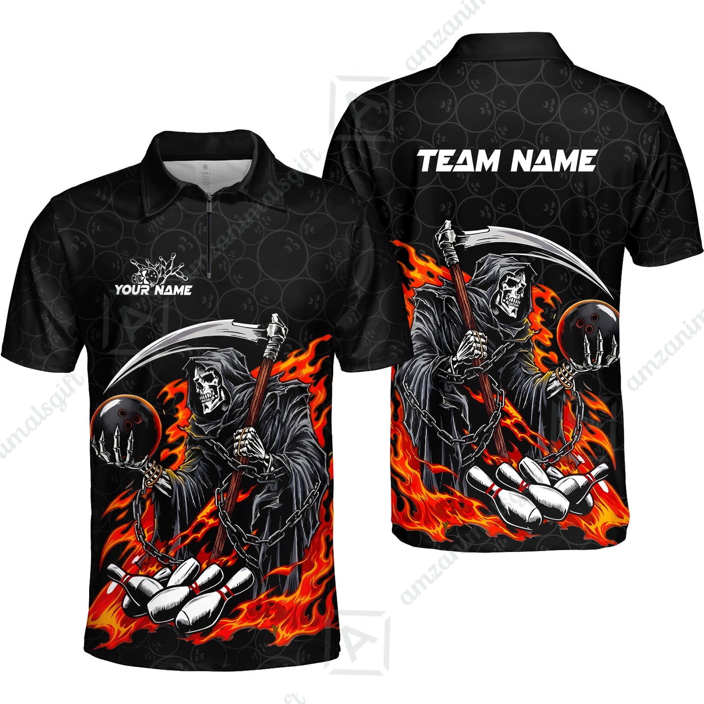 Custom Bowling Jersey Polo Shirt, Grim Reaper Holding Ball, Personalize Name and Team Name