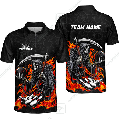 Custom Bowling Jersey Polo Shirt, Grim Reaper Holding Ball, Personalize Name and Team Name