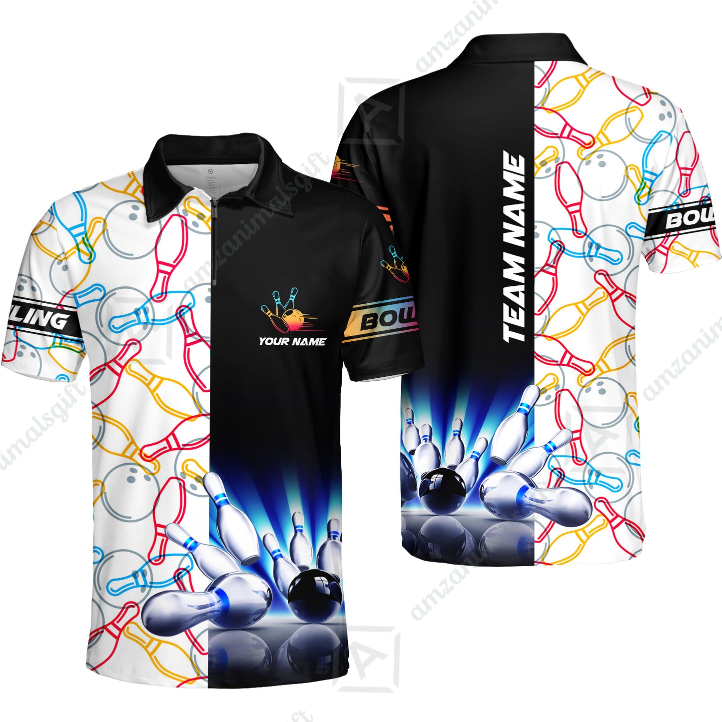 Custom Bowling Team Jersey, Light Bowling Polo Quarter-Zip Shirts, Bowling uniforms Ball & Pins Personalized Bowling Name And Team Name
