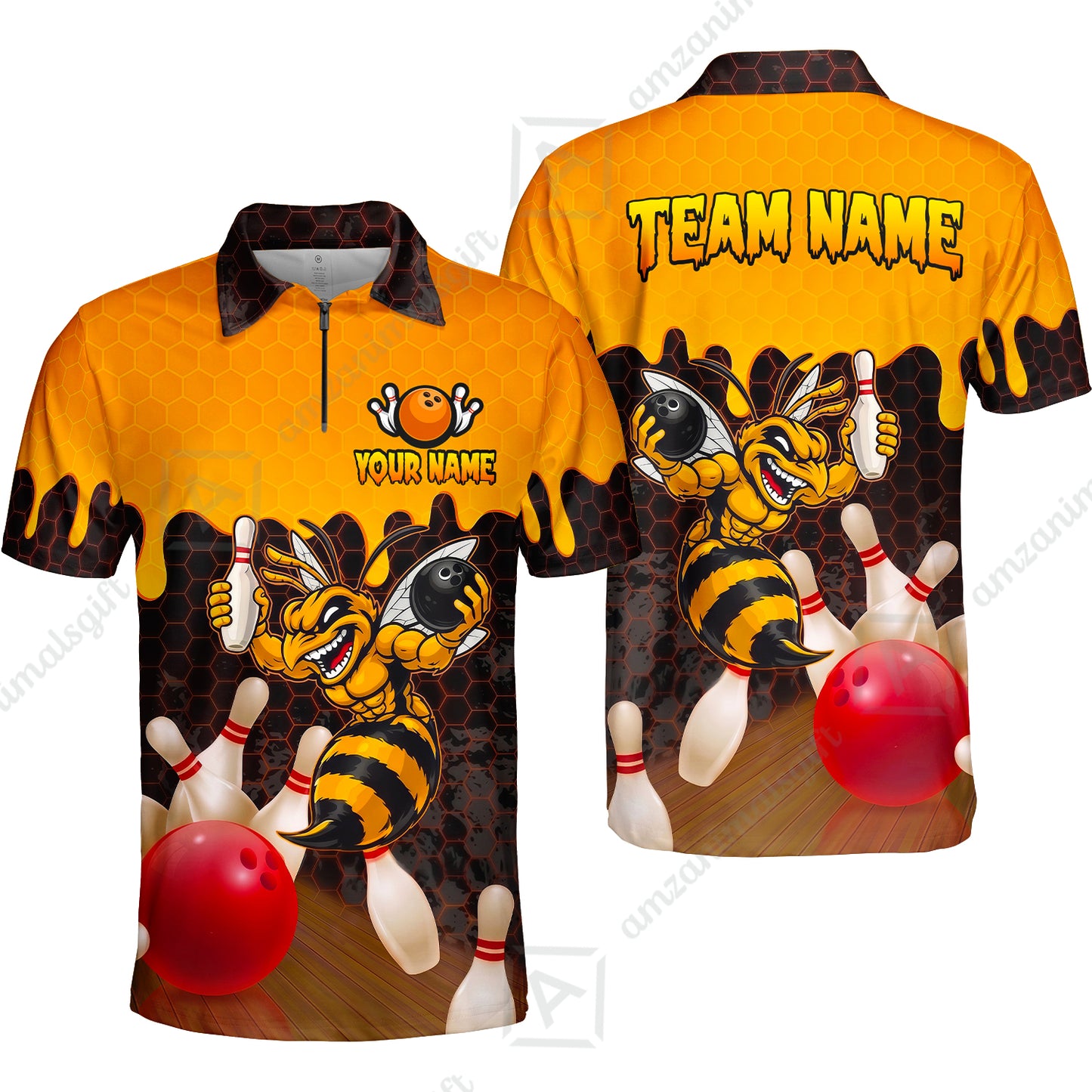 Custom Bowling Jersey Polo Shirt, Aggressive Hornet Honeycomb Drip, Custom Bowling Jersey Team Shirt For Players With Name and Team Name