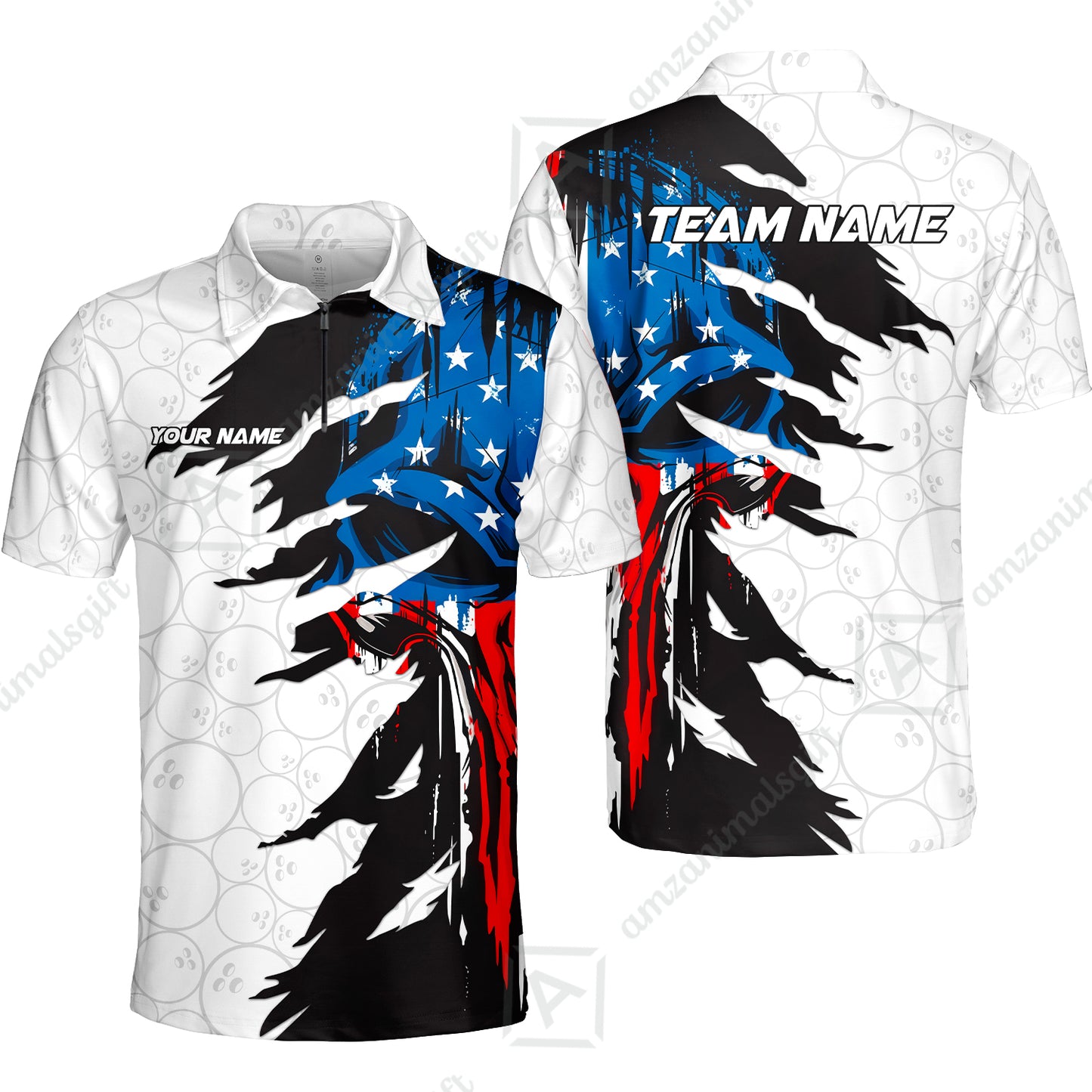 Custom Bowling Jersey Polo Shirt, Grunge USA Flag Bowling Custom Bowling Jersey Team Shirt For Players With Name & Team Name