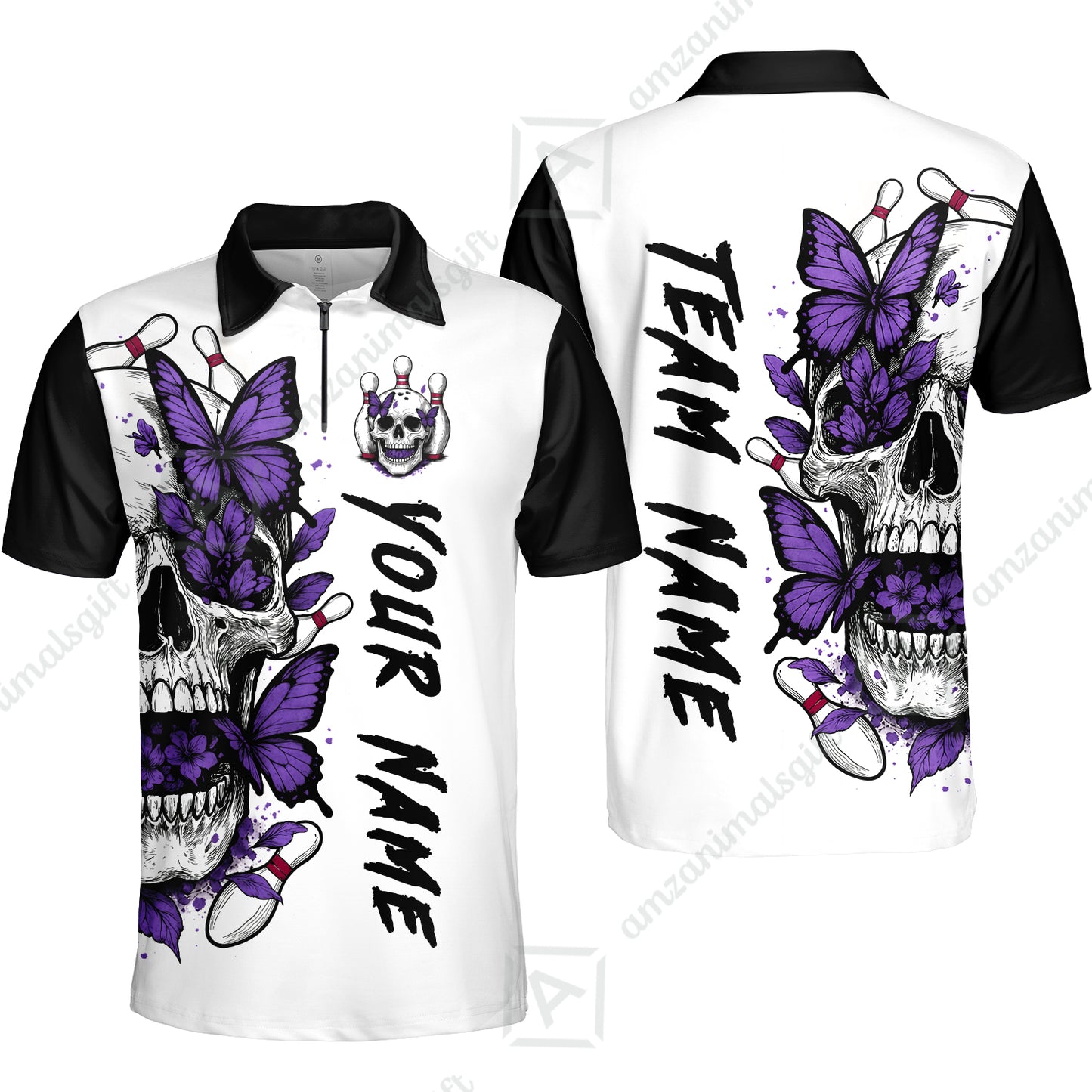 Custom Bowling Jersey Polo Shirt, Skull With Butterfly, Custom Bowling Jersey Team Shirt For Players With Name and Team Name