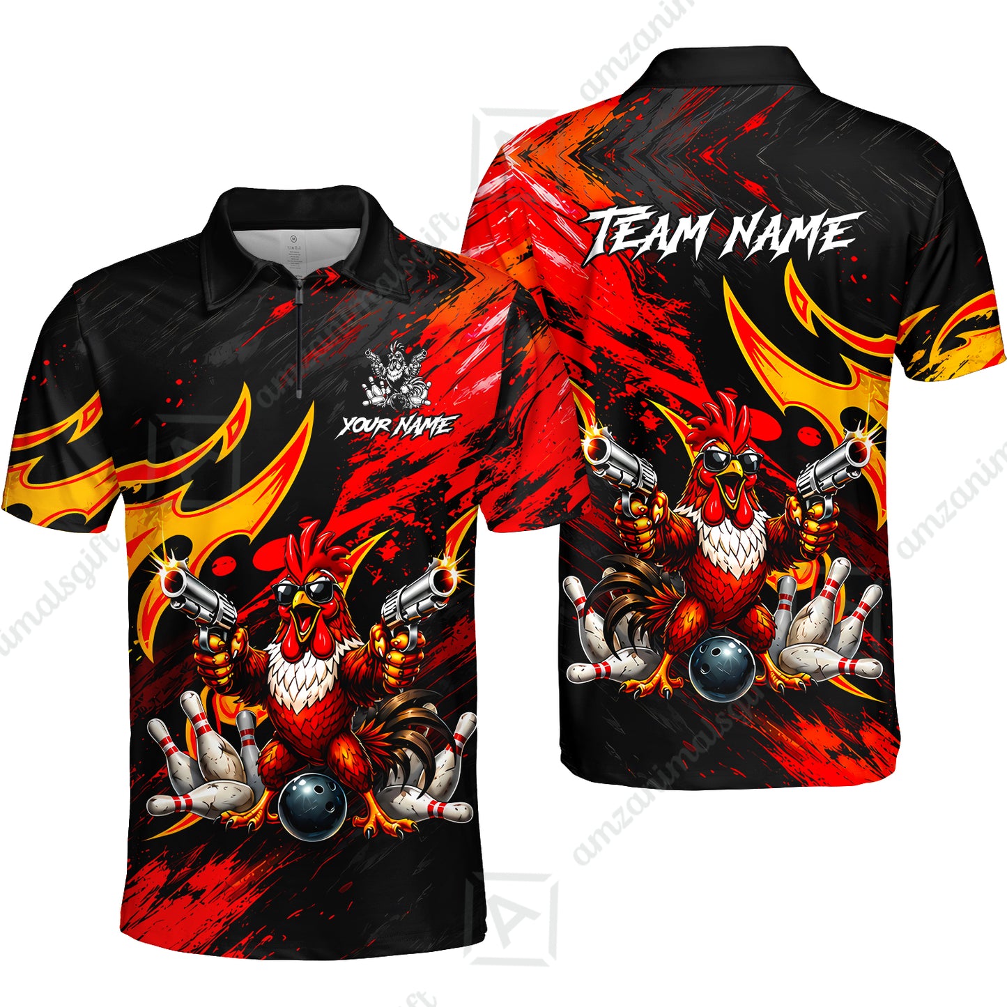 Custom Bowling Jersey Polo Shirt, Rooster With Gun, Custom Bowling Jersey Team Shirt For Players With Name and Team Name