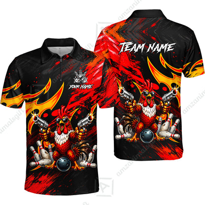 Custom Bowling Jersey Polo Shirt, Rooster With Gun, Custom Bowling Jersey Team Shirt For Players With Name and Team Name