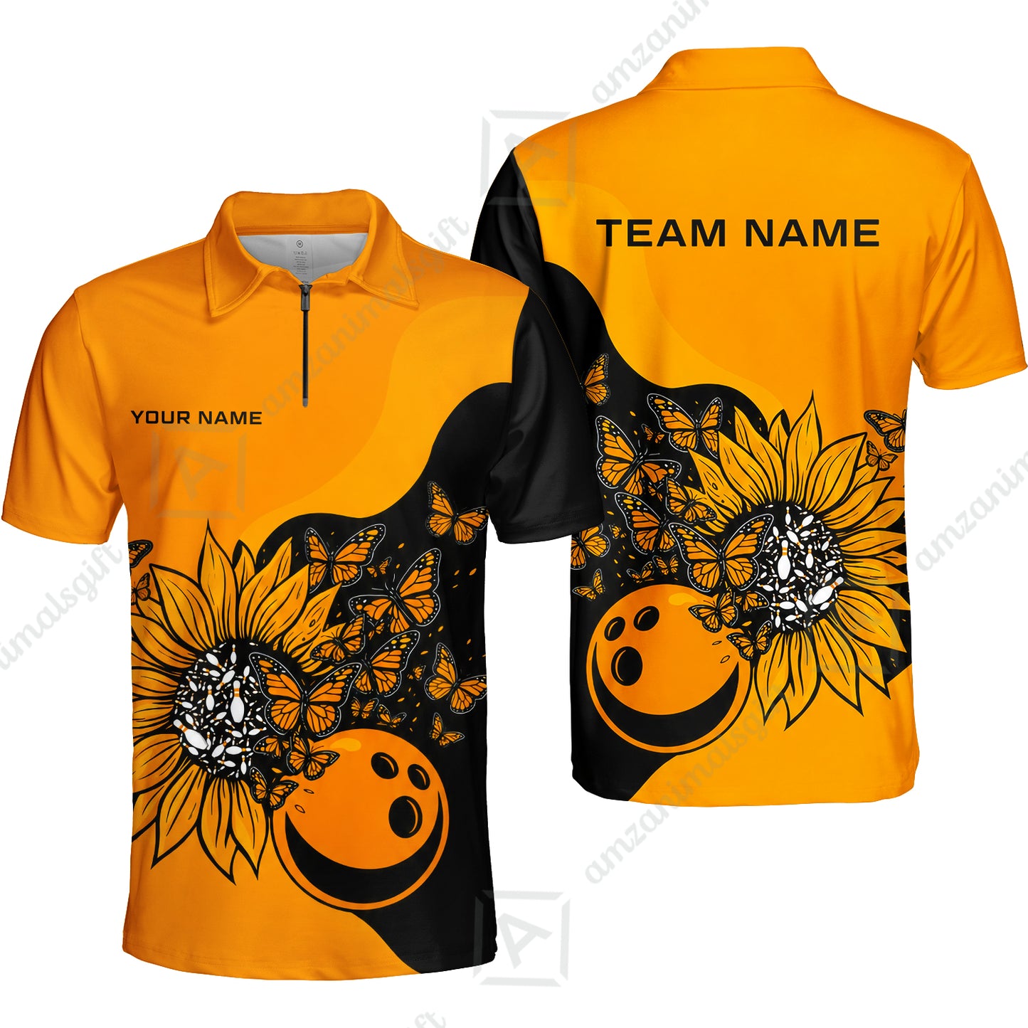 Custom Bowling Jersey Polo Shirt, Radiant Sunflower Butterfly Bloom, Custom Bowling Jersey Team Shirt For Players With Name and Team Name