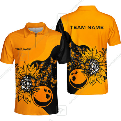 Custom Bowling Jersey Polo Shirt, Radiant Sunflower Butterfly Bloom, Custom Bowling Jersey Team Shirt For Players With Name and Team Name