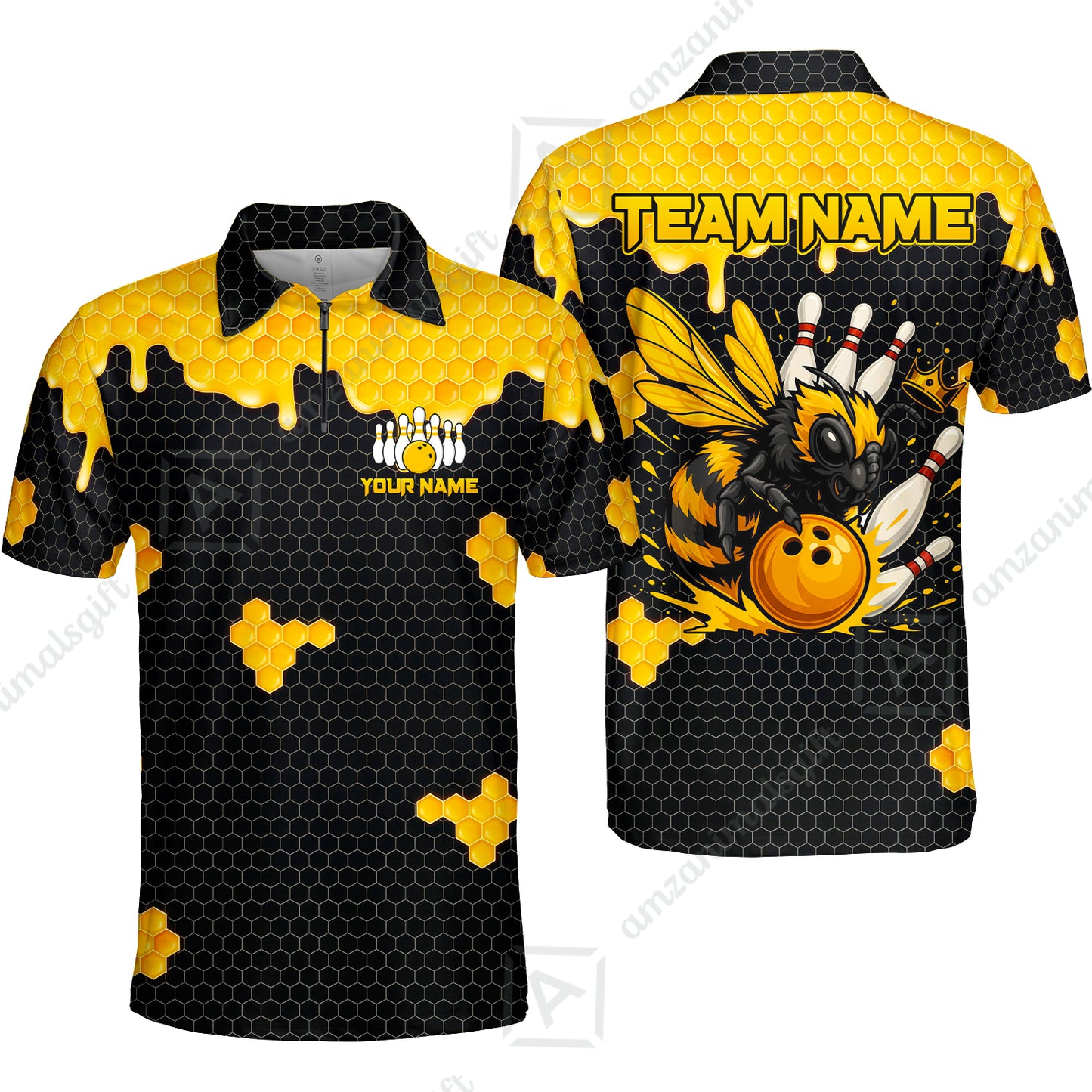Custom Bowling Jersey Polo Shirt, Golden Honeycomb Hornet, Custom Bowling Jersey Team Shirt For Players With Name and Team Name