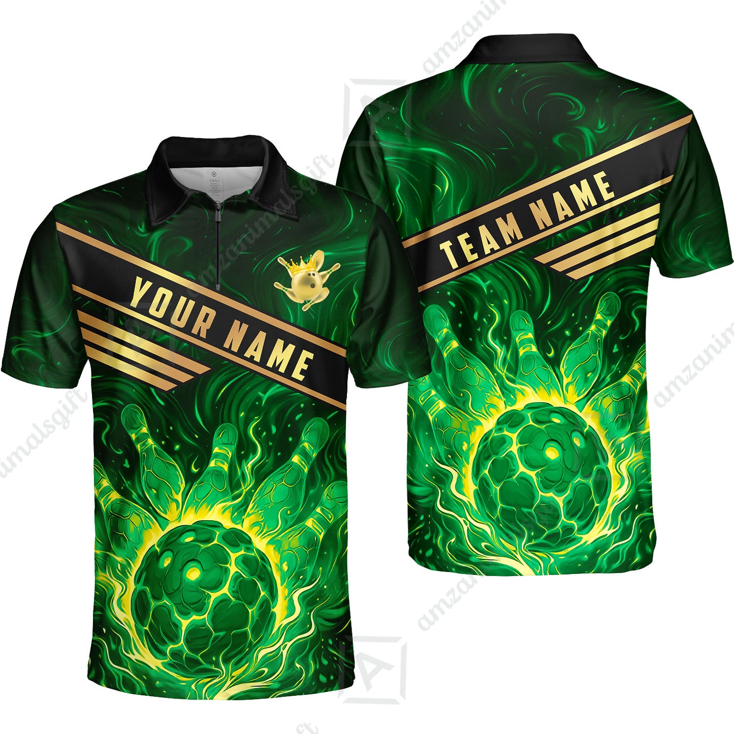 Custom Bowling Polo Shirt, Glowing Bowling Ball and Pins Custom Bowling Polo Team Shirt For Players With Name & Team Name