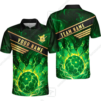 Custom Bowling Polo Shirt, Glowing Bowling Ball and Pins Custom Bowling Polo Team Shirt For Players With Name & Team Name