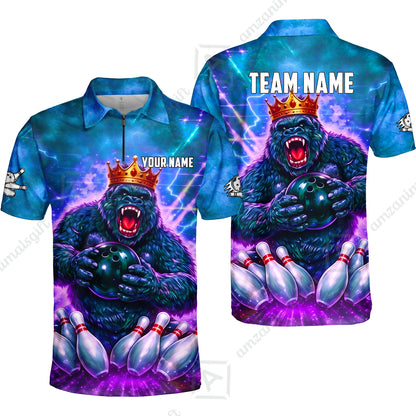 Custom Bowling Jersey Polo Shirt, King Gorilla Holding Bowling Ball, Custom Bowling Jersey Team Shirt For Players With Name & Team Name