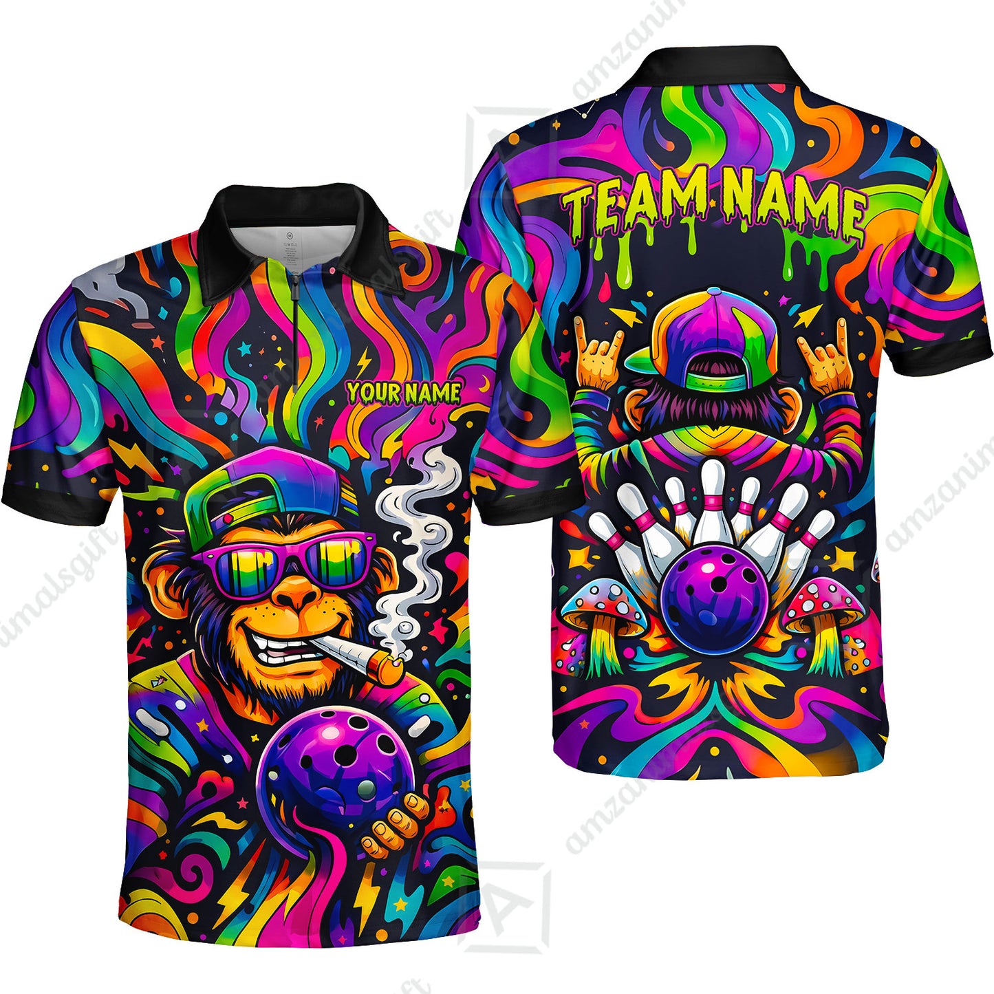Custom Bowling Jersey Polo Shirt, Psychedelic Trippy Smoking Chimp, Custom Bowling Jersey Team Shirt For Players With Name and Team Name
