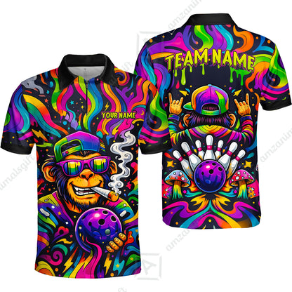Custom Bowling Jersey Polo Shirt, Psychedelic Trippy Smoking Chimp, Custom Bowling Jersey Team Shirt For Players With Name and Team Name