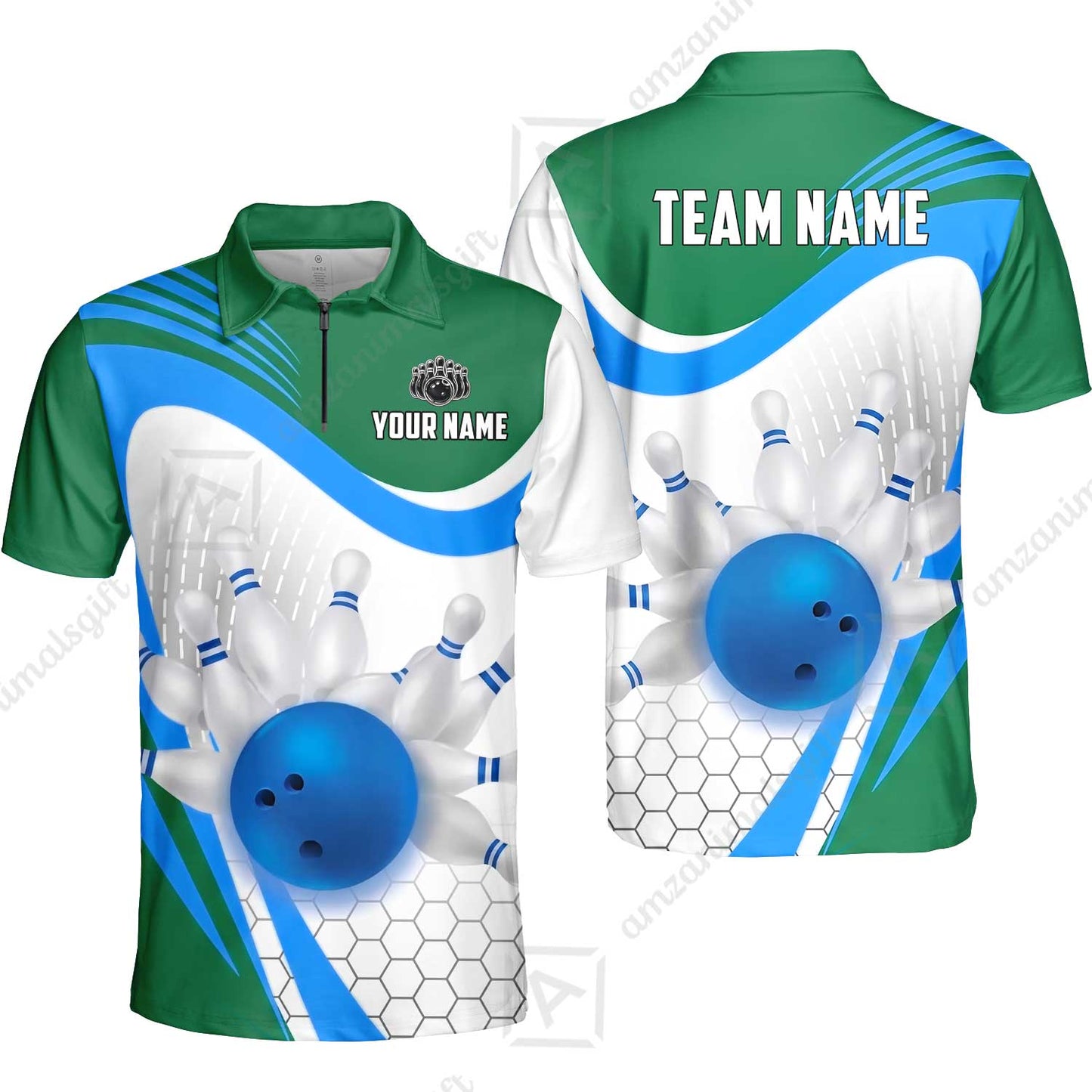 Custom Bowling Jersey Polo Shirt, Geometric Streamline & Fresh Mint, Custom Bowling Jersey Team Shirt For Players With Name & Team Name