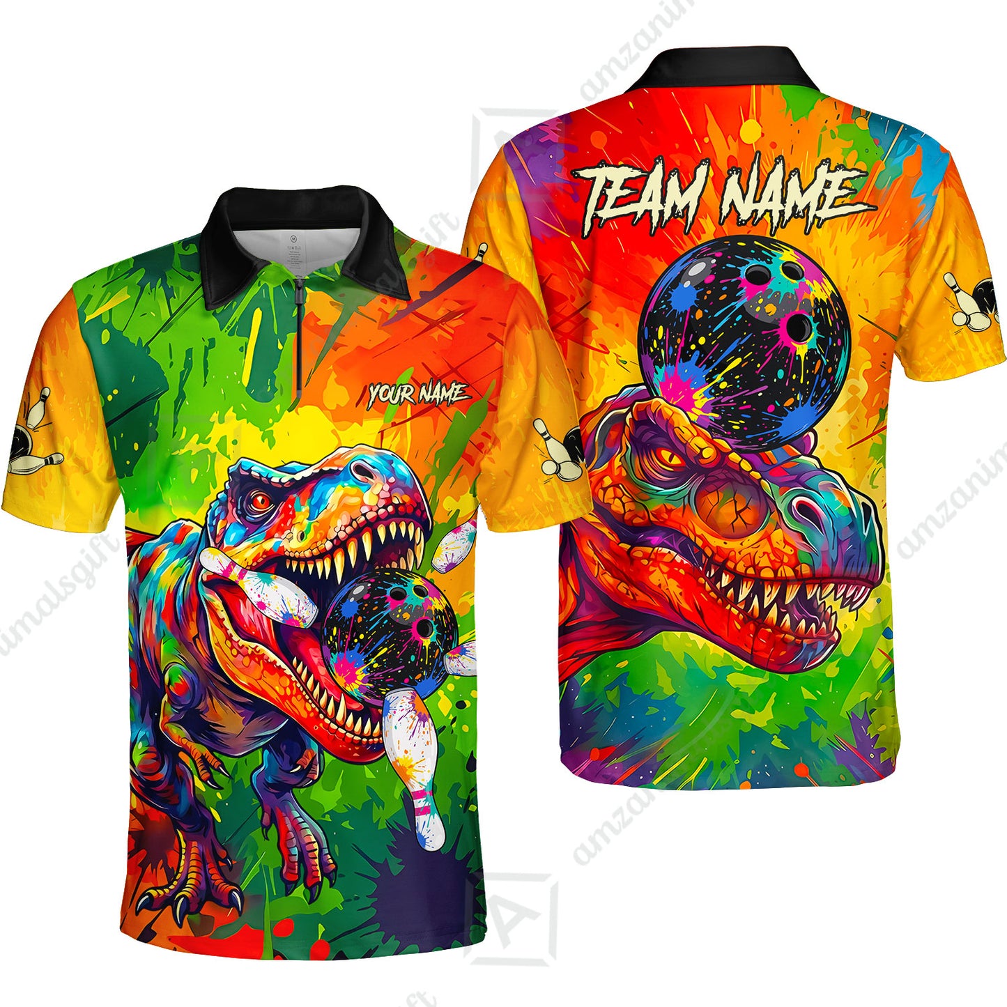 Custom Bowling Jersey Polo Shirt, Colorful Splatter T-Rex Dino, Custom Bowling Jersey Team Shirt For Players With Name and Team Name