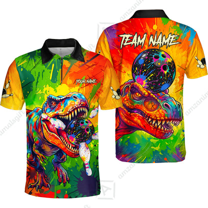 Custom Bowling Jersey Polo Shirt, Colorful Splatter T-Rex Dino, Custom Bowling Jersey Team Shirt For Players With Name and Team Name
