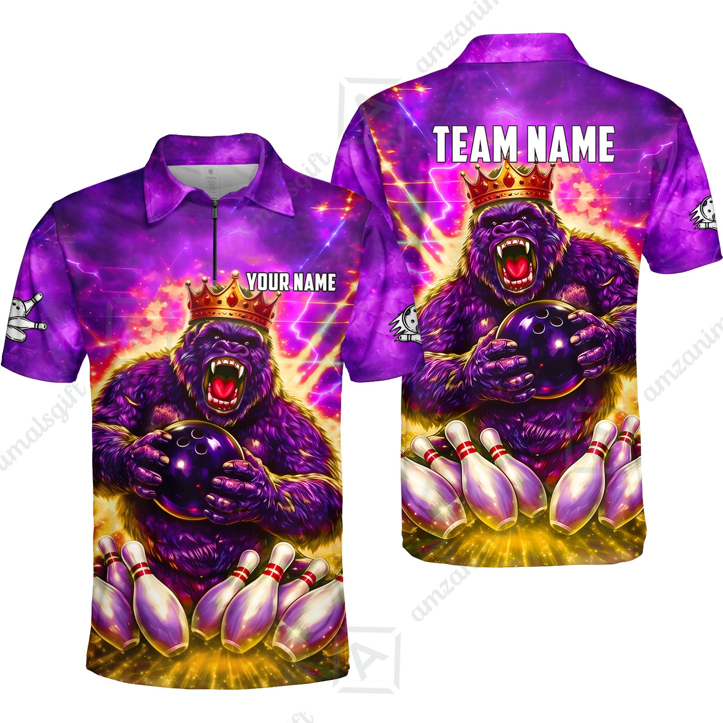 Custom Bowling Jersey Polo Shirt, King Gorilla Holding Bowling Ball, Custom Bowling Jersey Team Shirt For Players With Name & Team Name