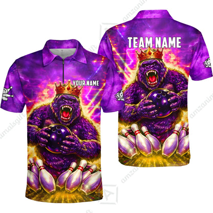 Custom Bowling Jersey Polo Shirt, King Gorilla Holding Bowling Ball, Custom Bowling Jersey Team Shirt For Players With Name & Team Name