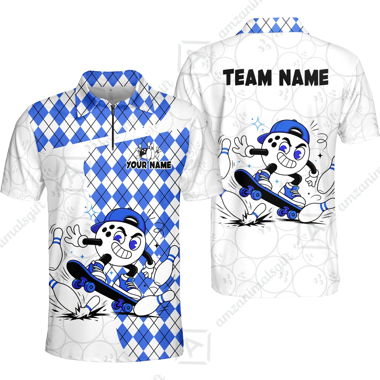 Custom Bowling Jersey Polo Shirt, Skateboarder Bowling Ball Mascot, Custom Bowling Jersey Team Shirt For Players With Name and Team Name