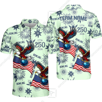 Custom Bowling Jersey Polo Shirt, USA 250 Years of Independence Bowling, Custom Bowling Jersey Team Shirt For Players With Name and Team Name