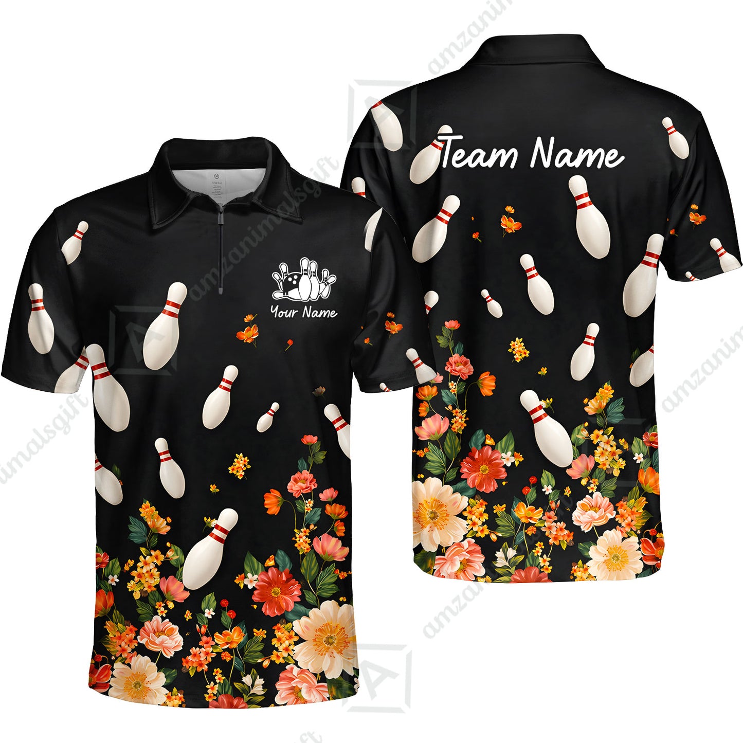 Custom Bowling Quarter Zip Polo Shirt, Floral Bowling, Custom Bowling Quarter Zip Polo Team Shirt For Players With Name & Team Name