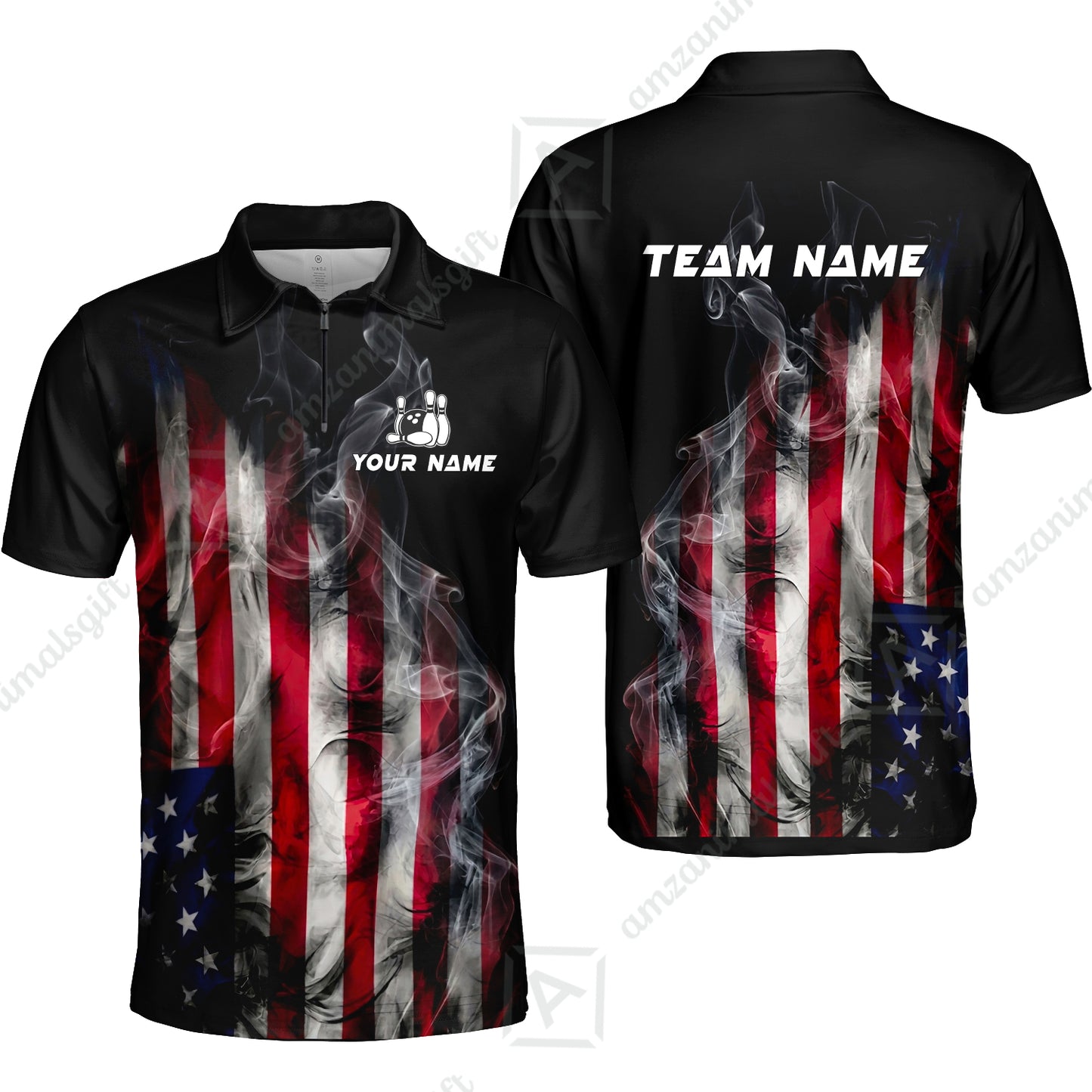 Custom Bowling Jersey Polo Shirt, Smoke USA Flag Bowling, Custom Bowling Jersey Team Shirt For Players With Name & Team Name