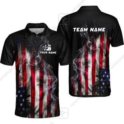 Custom Bowling Jersey Polo Shirt, Smoke USA Flag Bowling, Custom Bowling Jersey Team Shirt For Players With Name & Team Name