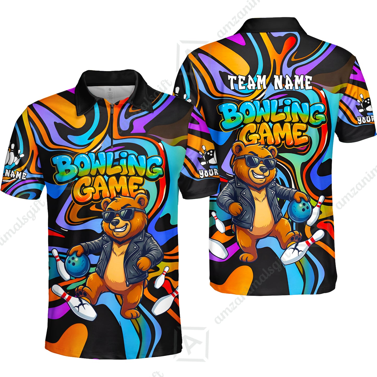 Custom Bowling Jersey Polo Shirt, Trippy Swirl Rocker Bear Graffiti Style, Custom Bowling Jersey Team Shirt For Players With Name & Team Name