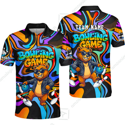 Custom Bowling Jersey Polo Shirt, Trippy Swirl Rocker Bear Graffiti Style, Custom Bowling Jersey Team Shirt For Players With Name & Team Name