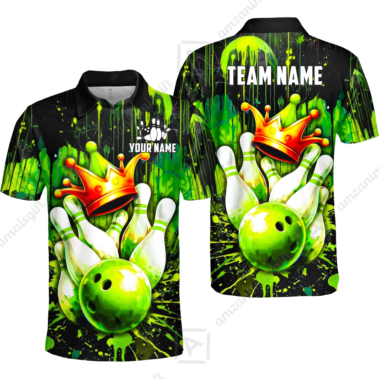 Custom Bowling Jersey Polo Shirt, Neon King Crown, Custom Bowling Jersey Team Shirt For Players With Name and Team Name