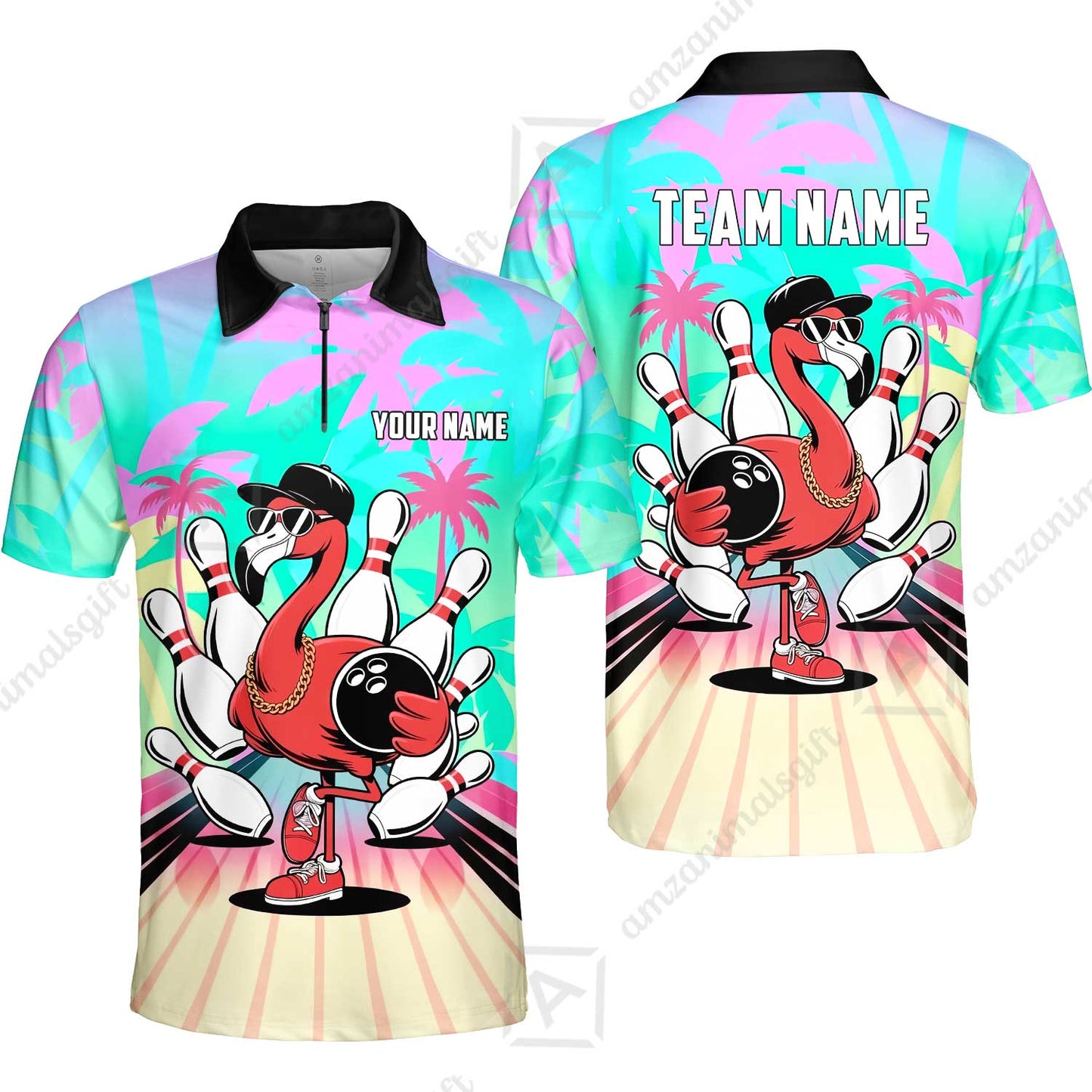 Custom Bowling Jersey Polo Shirt, Sunset Lanes Flamingo, Custom Bowling Jersey Team Shirt For Players With Name and Team Name