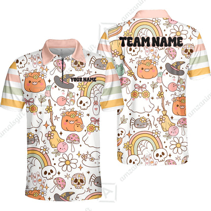 Customized Bowling Shirt, Mushroom Ghost Cute Rainbow Halloween Pattern Bowling, Personalized Polo Shirt For Players With Name & Team Name