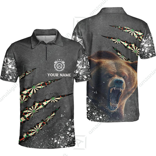 Darts Customized Name Quarter-Zip Polo Shirt, Darts Paints Splash, Personalized Name Bear Quarter-Zip Polo Shirt For Men - Perfect Gift For Darts Lovers, Darts Players