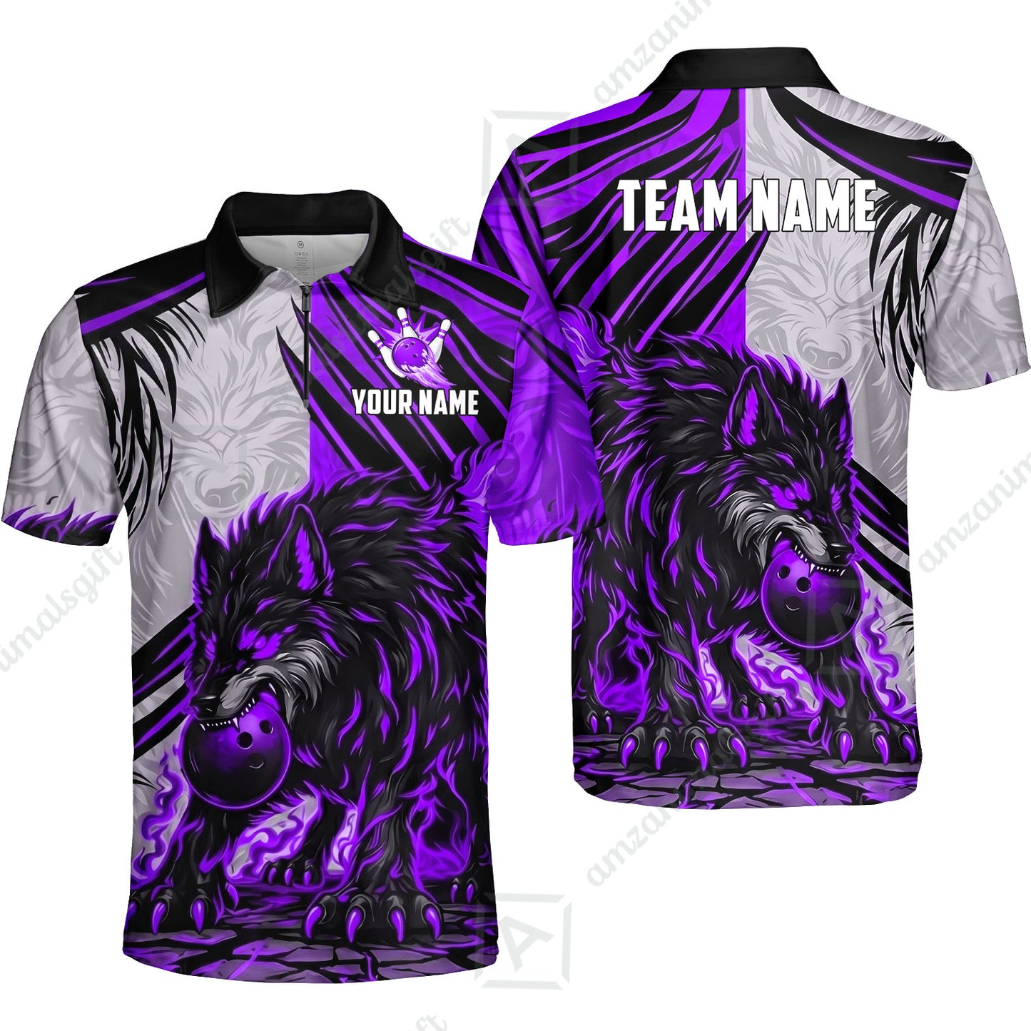 Custom Bowling Jersey Polo Shirt, Lone Wolf Strike & Emerald Frost, Custom Bowling Jersey Team Shirt For Players With Name & Team Name