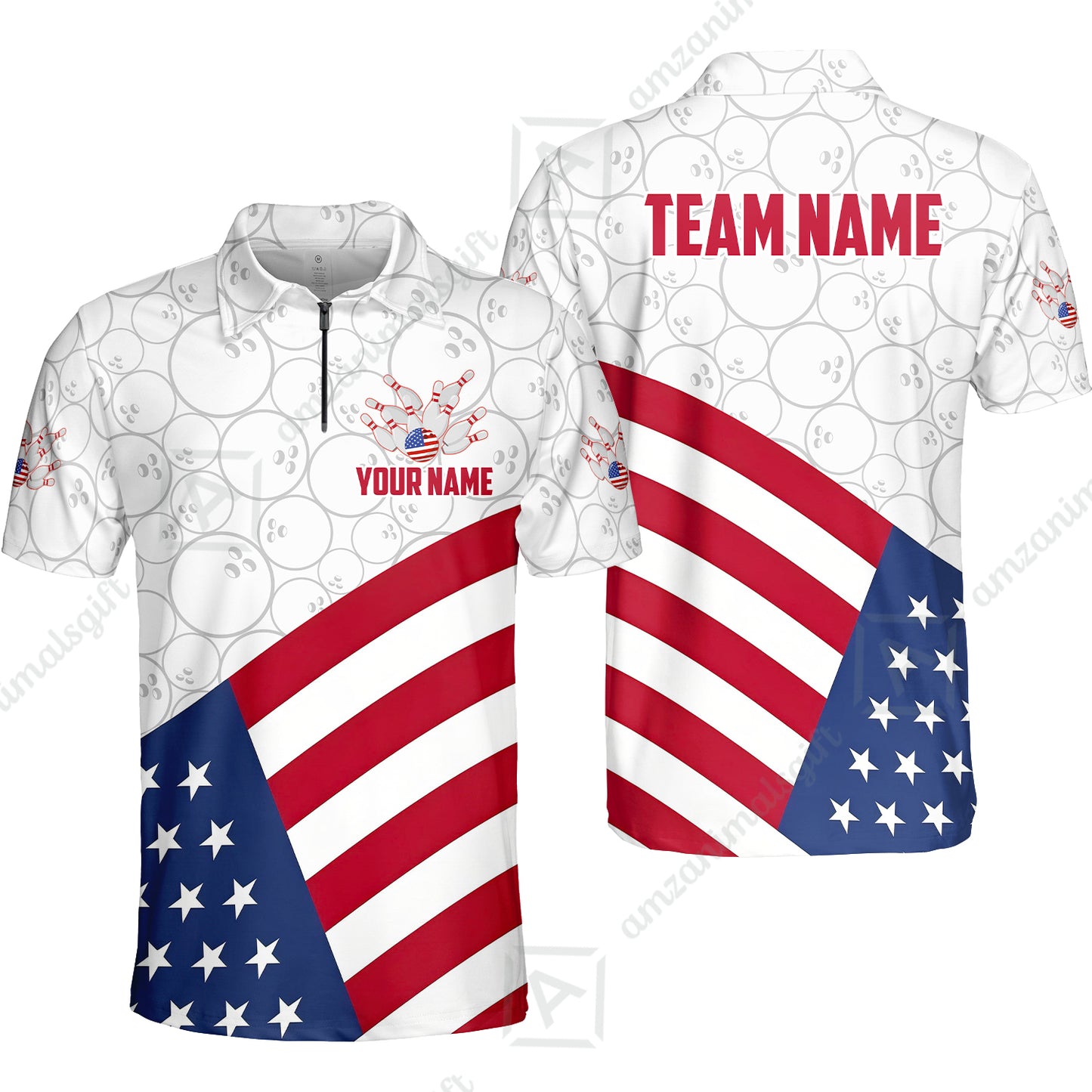 Custom Bowling Jersey Polo Shirt, Classic US Flag Diagonal Stars and Stripes, Custom Bowling Jersey Team Shirt For Players With Name and Team Name