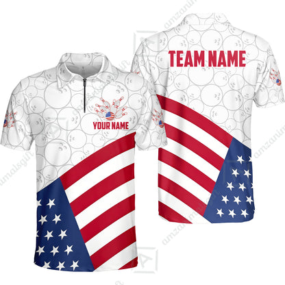 Custom Bowling Jersey Polo Shirt, Classic US Flag Diagonal Stars and Stripes, Custom Bowling Jersey Team Shirt For Players With Name and Team Name