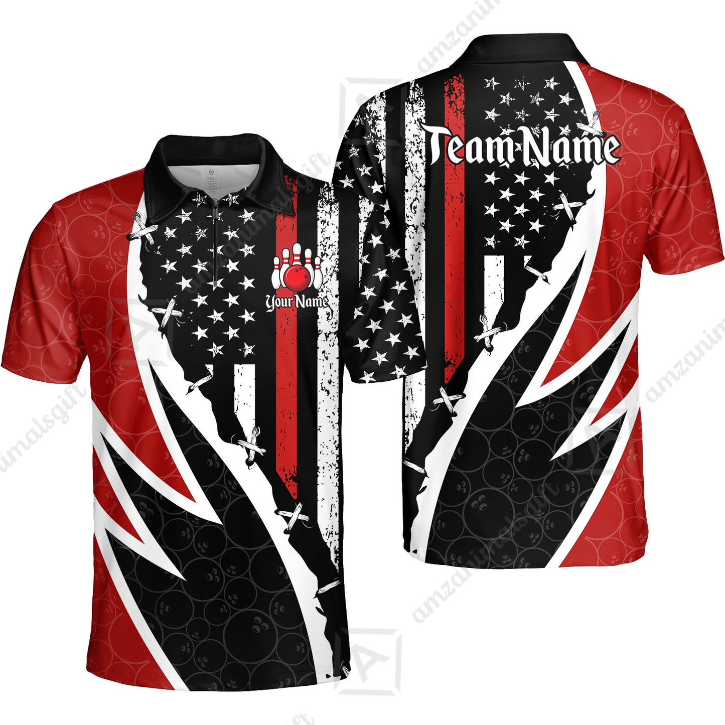 Custom Bowling Jersey Polo Shirt, Thin Red Line With Vintage Distressed American Flag, Personalize Name and Team Name