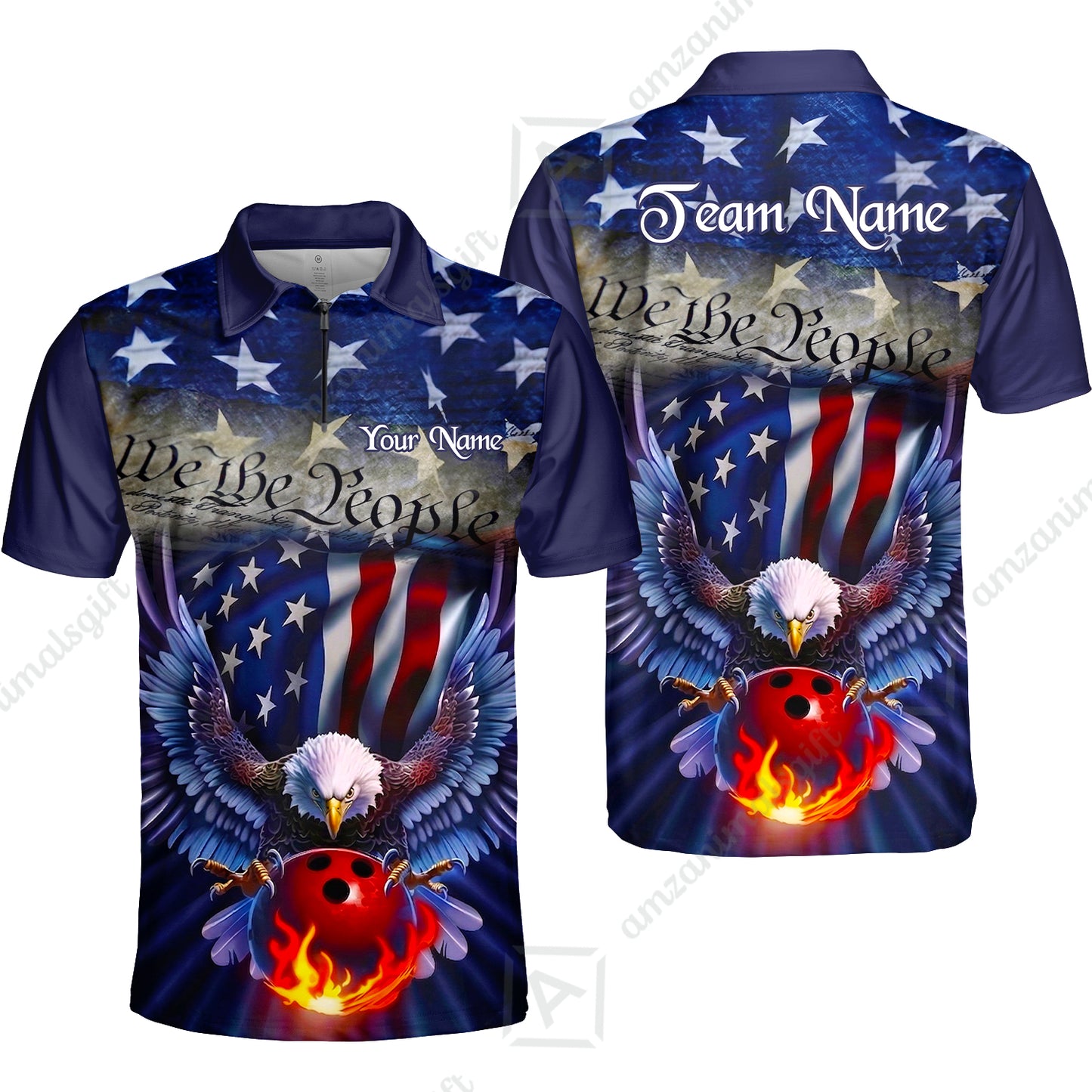 Custom Bowling Jersey Polo Shirt, Flaming Bowling Ball Eagle Custom Bowling Jersey Team Shirt For Players With Name & Team Name