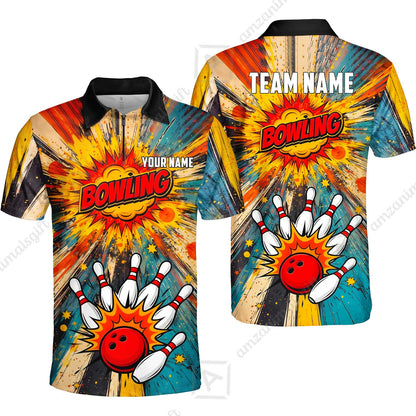 Custom Bowling Jersey Polo Shirt, Retro Comic Book Explosion, Custom Bowling Jersey Team Shirt For Players With Name and Team Name
