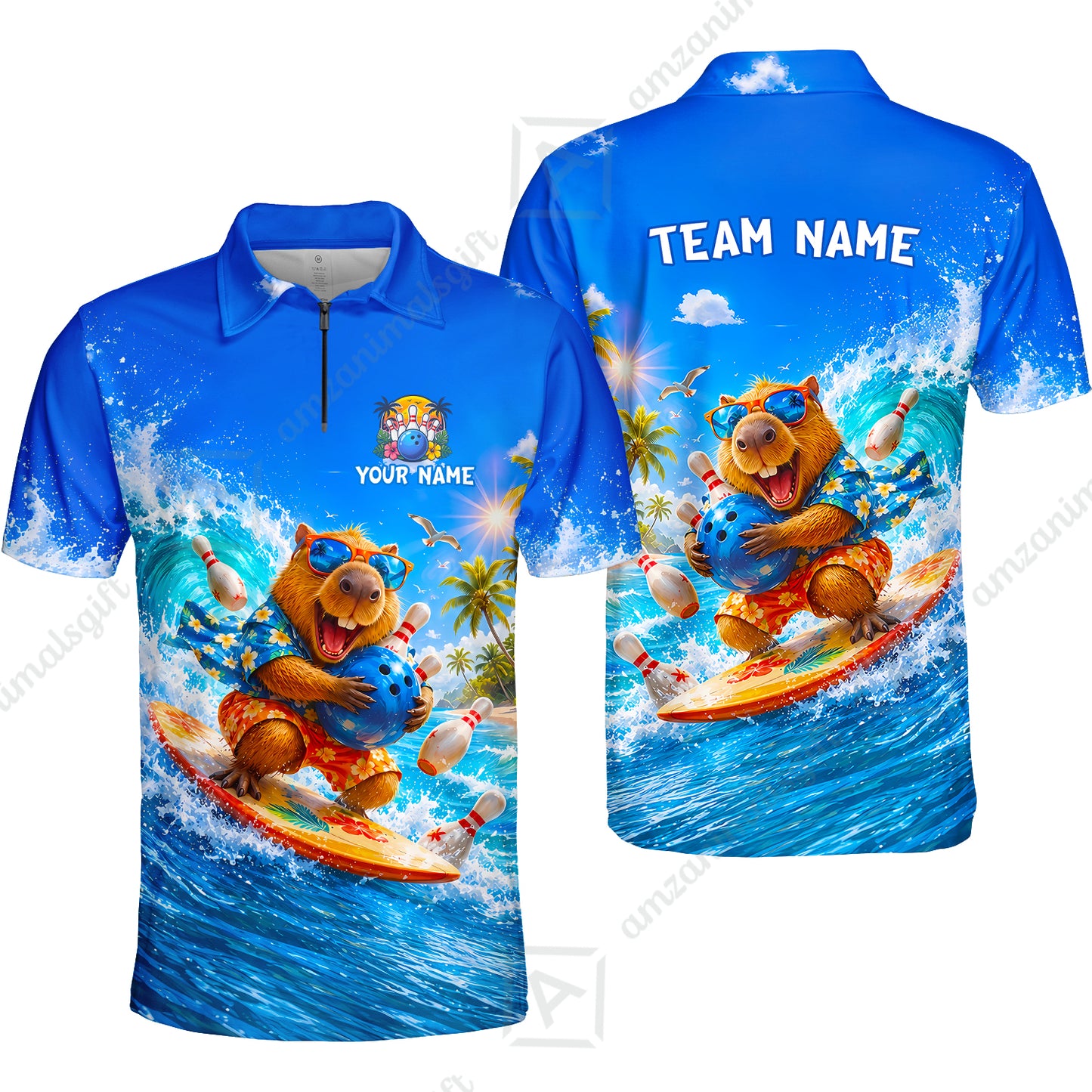 Custom Bowling Jersey Polo Shirt, Surfing Capybara, Personalized Name And Team Name