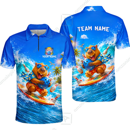 Custom Bowling Jersey Polo Shirt, Surfing Capybara, Personalized Name And Team Name