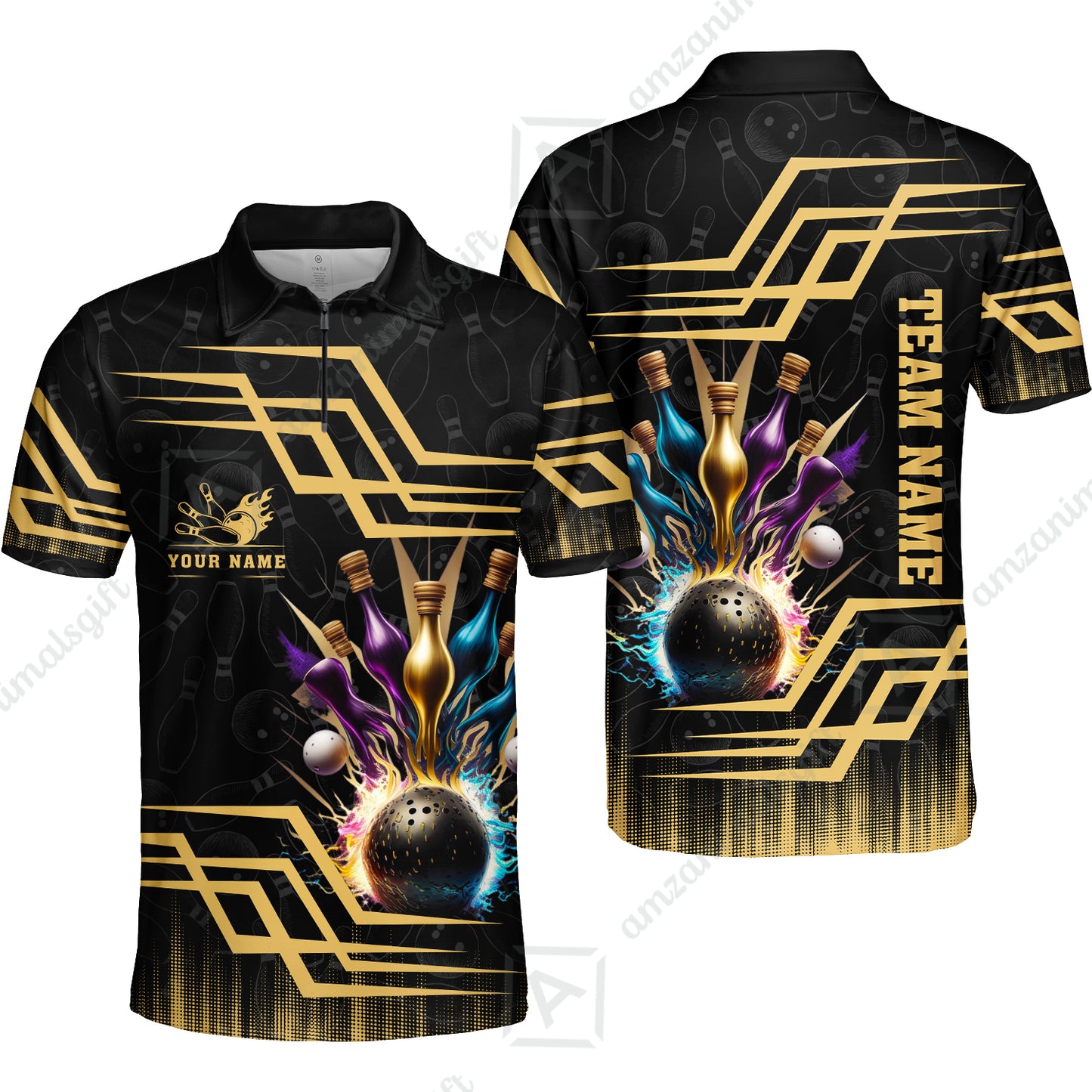 Customized Bowling Unisex Polo, Bowling And Pins Royal Multicolor Option Customized Name And Team Name For Bowling Team