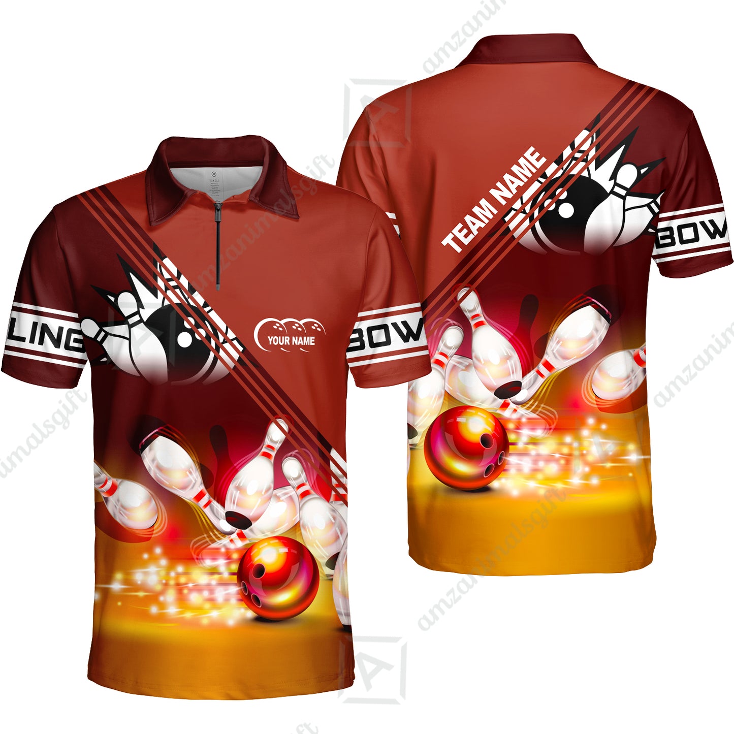 Customized Bowling Jersey Shirt, Red Bowling Ball Crashing into the Pins Personalized Name Team Name Logo Polo Shirts for Tom Taylor
