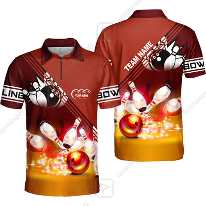 Customized Bowling Jersey Shirt, Red Bowling Ball Crashing into the Pins Personalized Name Team Name Logo Polo Shirts for Tom Taylor