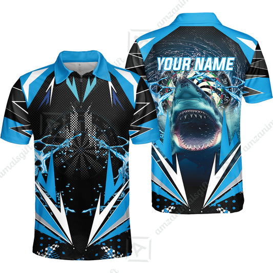 Shark And Darts Custom Name Quarter-Zip Polo Shirt, Whirlpool Bullseye Dartboard Personalized Quarter-Zip Polo Shirt Gift For Darts Lovers, Friends, Team